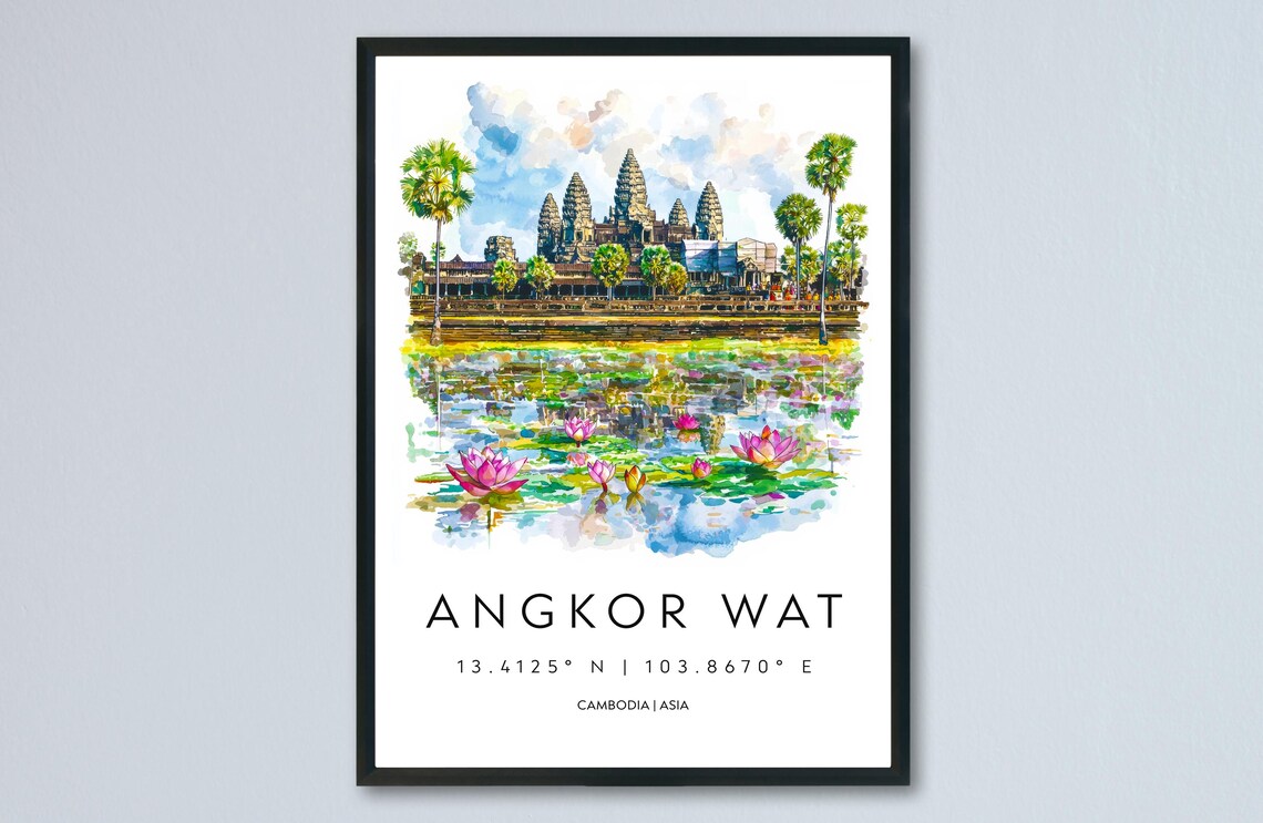 Angkor Wat Cambodia Temple Lotus Pond Watercolor Travel Poster