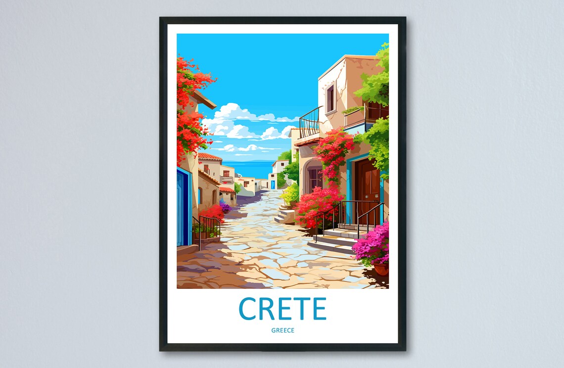 Crete Greece Charming Village Street Bougainvillea Sea Poster