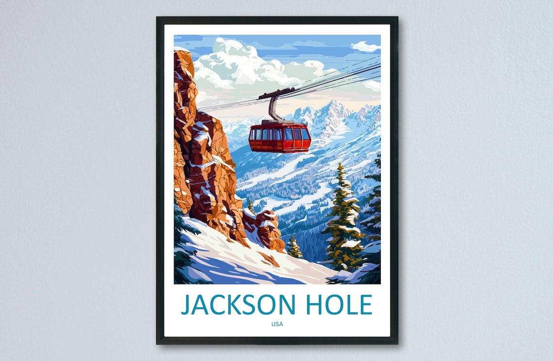 Jackson Hole USA Red Aerial Tram Mountain Peaks Travel Poster