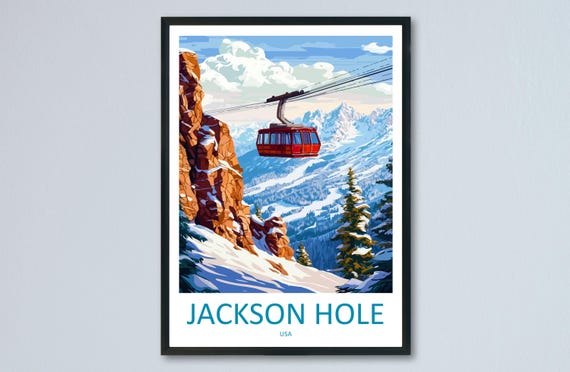 Jackson Hole Travel Poster Wyoming Wall Art Mountain Town Print Western Landscape Illustration Rustic Decor Gift Souvenir