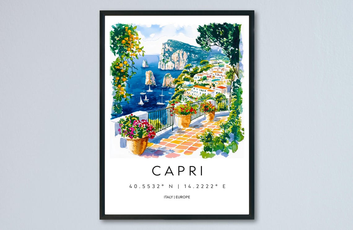 Capri Italy Faraglioni Rocks Flower Terrace Watercolor Poster