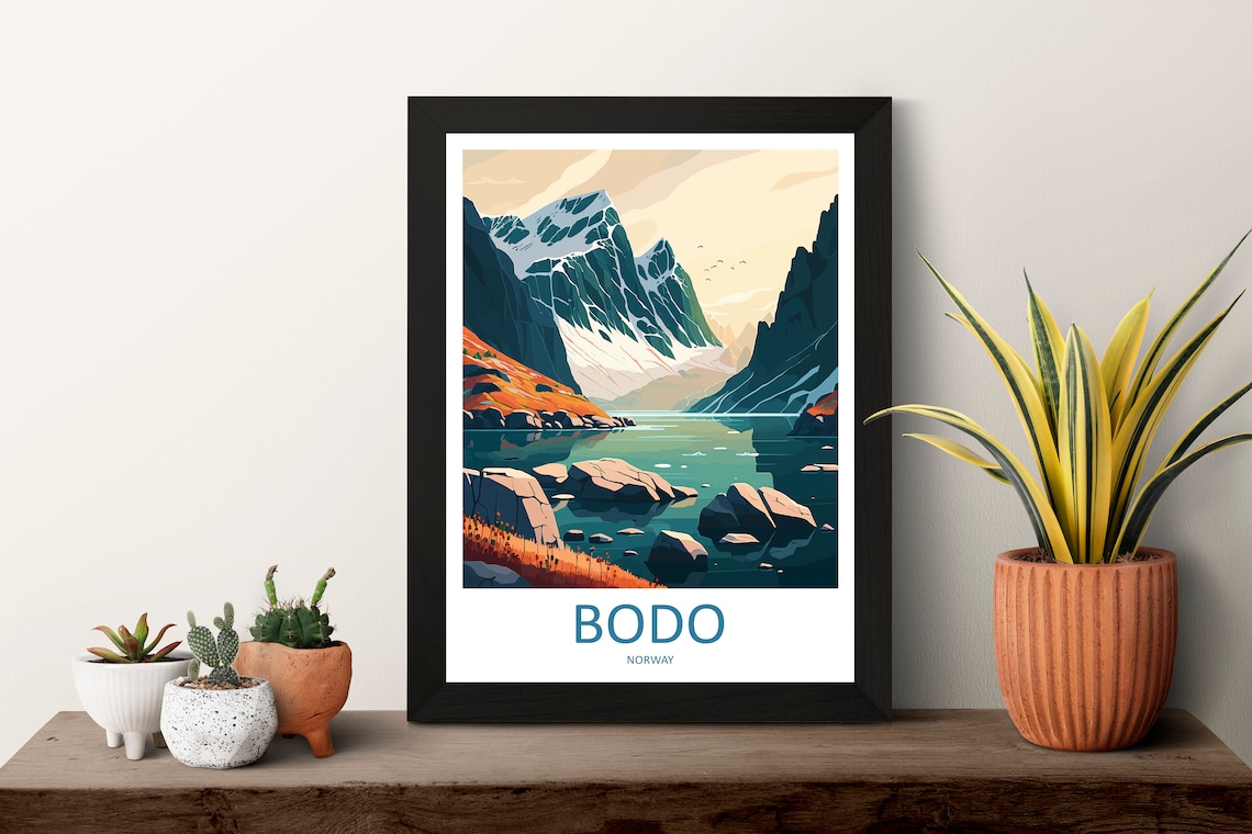 Bodo Norway Snowy Mountain Peak Fjord Lake Sunrise Travel Poster - Image 3