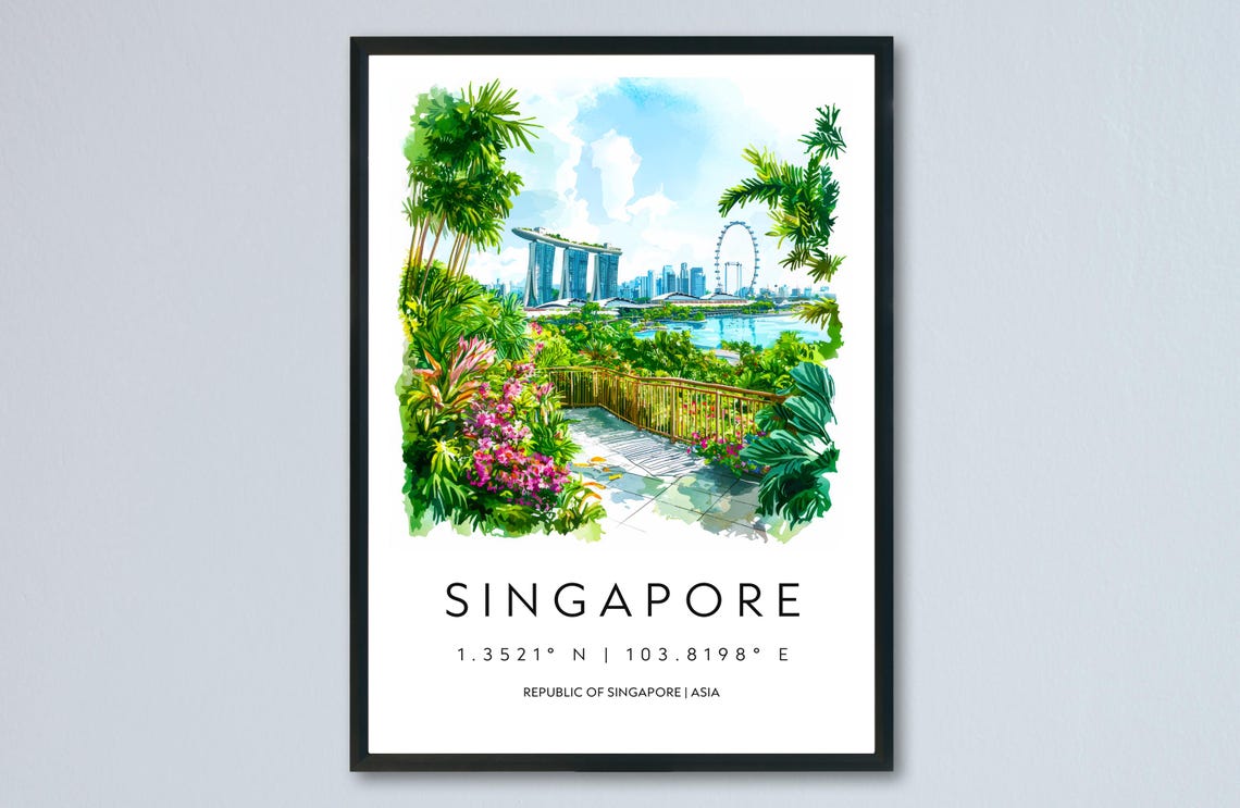 Singapore City Watercolor Travel Poster Art Print