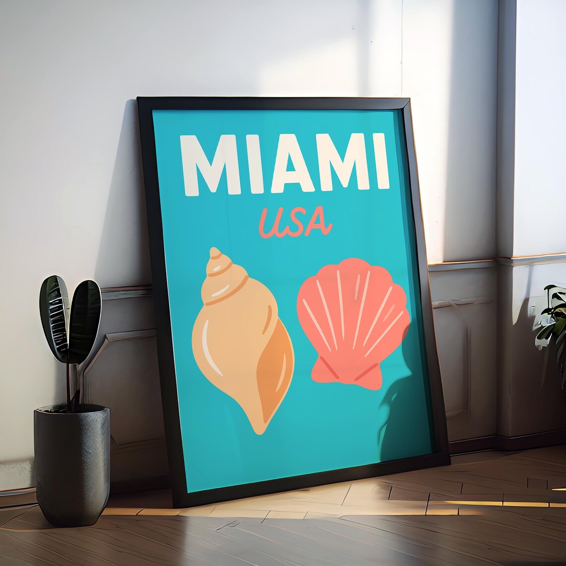 Miami USA Peach and Pink Seashells Preppy Retro Beach Travel Poster