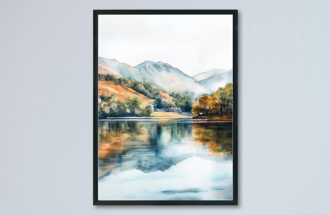 Lake District Mountain Lake Reflection Watercolor Travel Poster