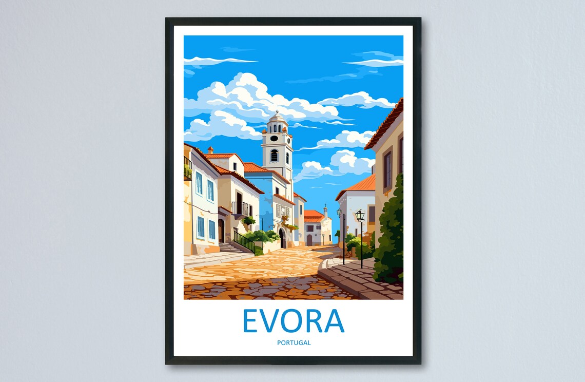 Evora Portugal Cobbled Lane Bell Tower Old Town Travel Poster Art