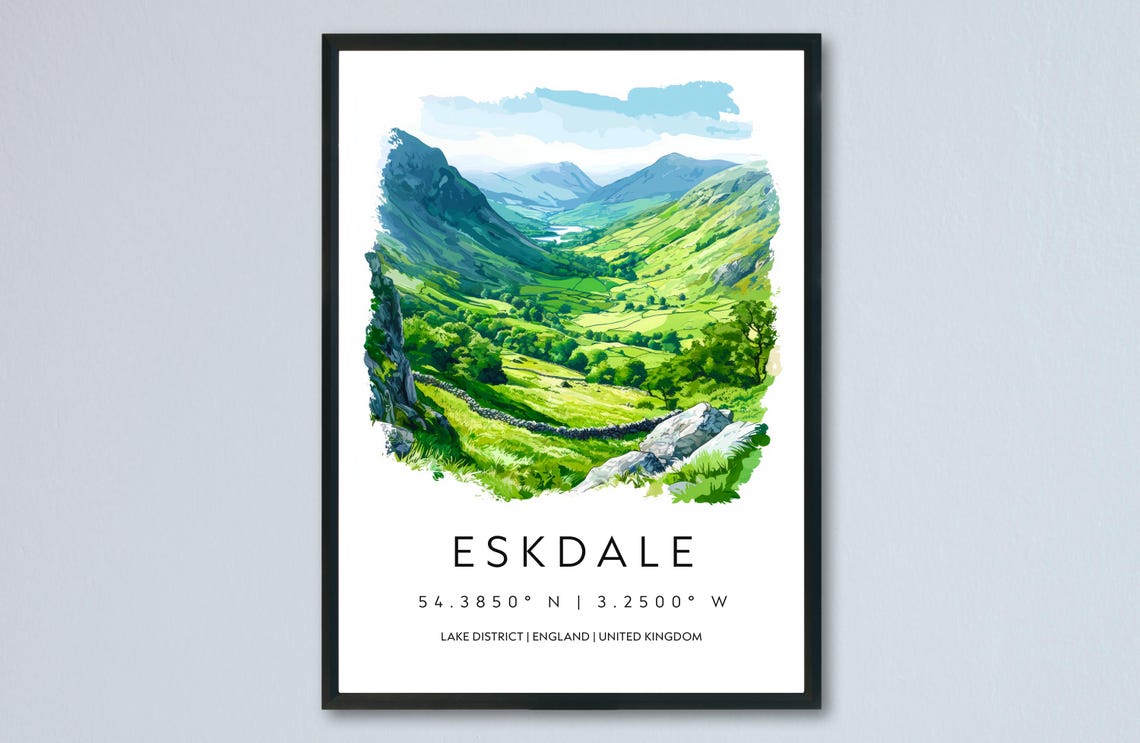 Eskdale Lake District Green Valley Mountain Watercolor Poster