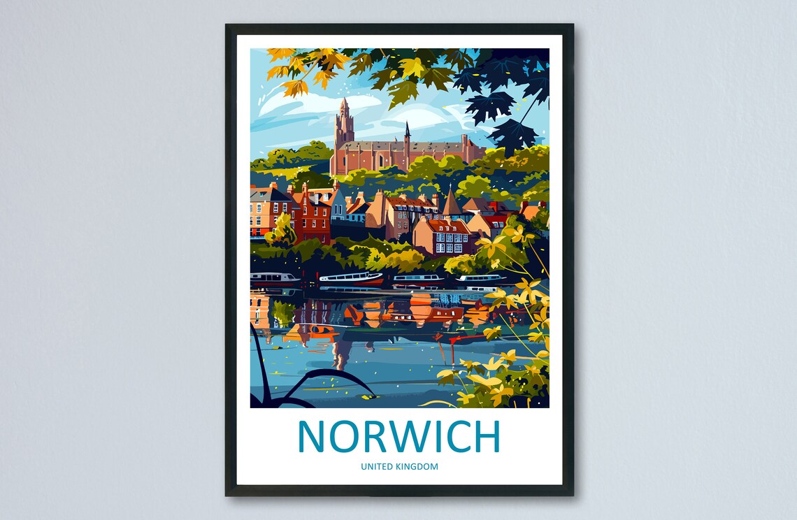 Norwich England Cathedral Riverside City Summer Travel Poster
