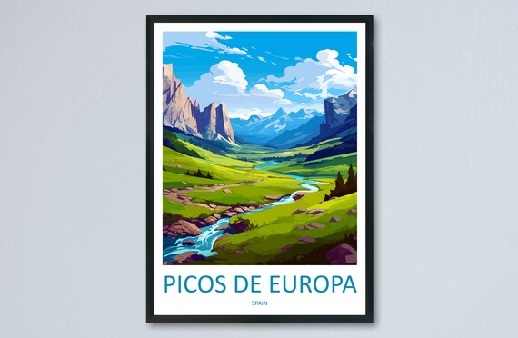 Picos de Europa Spain Travel Poster Green Mountain Valley View