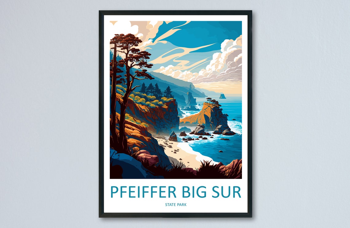 Pfeiffer Big Sur State Park Vintage Cliff Coast Travel Poster Cypress
