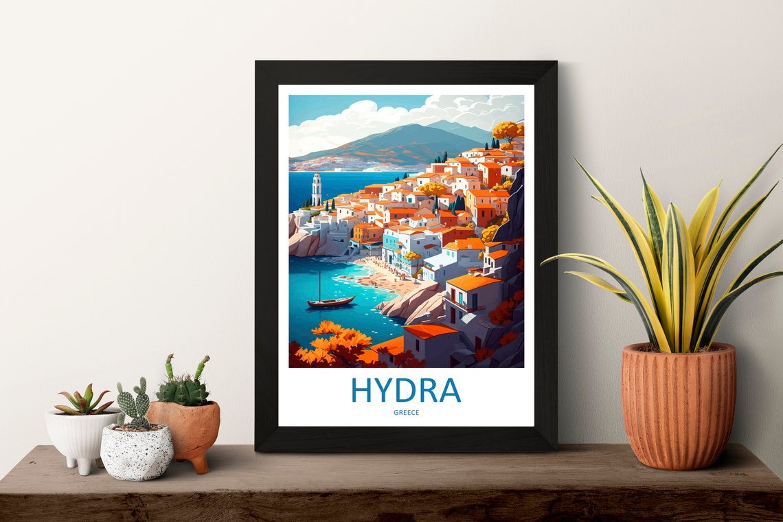 Hydra Greece Whitewashed Hillside Town Harbor Sailboat View Poster - Image 3