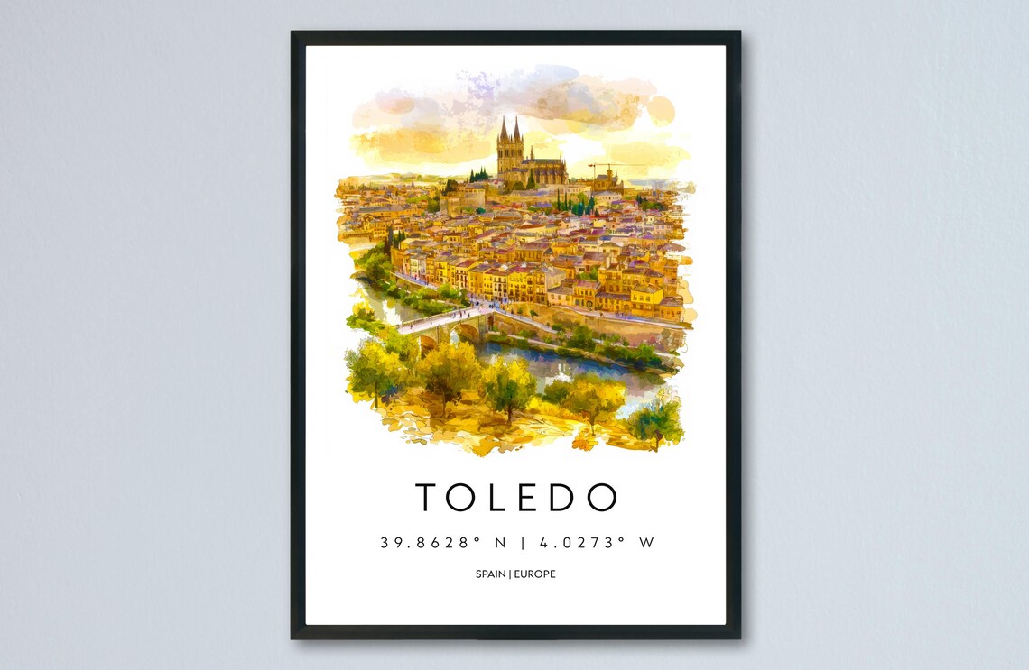 Toledo Spain Golden Old Town Cathedral Watercolor Travel Poster