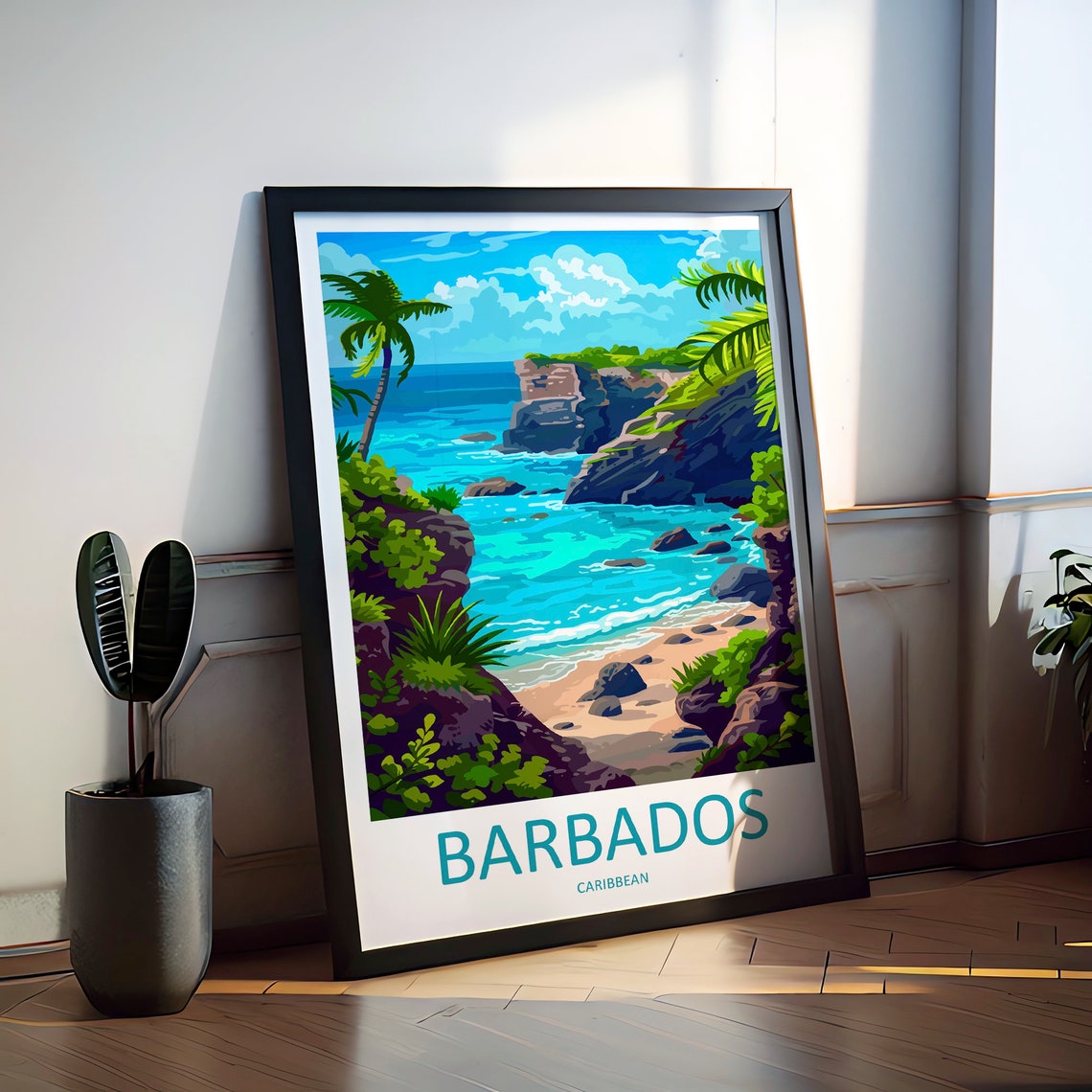 Barbados Caribbean Hidden Cove Swaying Palms Cliffs Travel Poster - Image 2