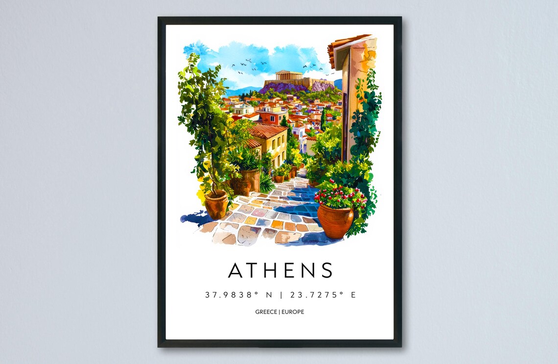 Athens Plaka Acropolis Watercolor Greek Street Travel Poster