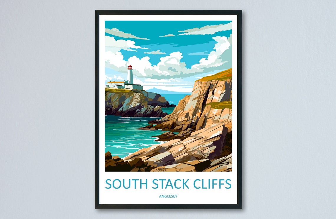 South Stack Cliffs Lighthouse Anglesey Wales Illustrated Travel Poster
