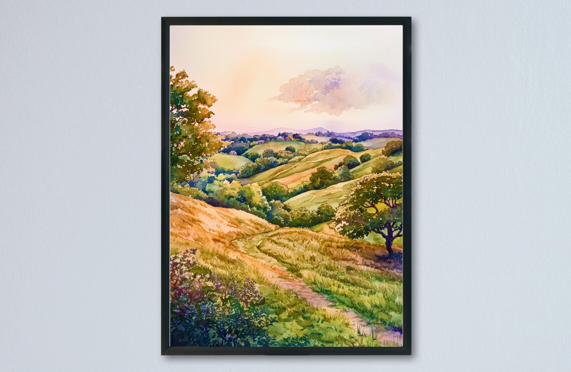 Surrey Hills England Rolling Green Countryside Watercolor Poster