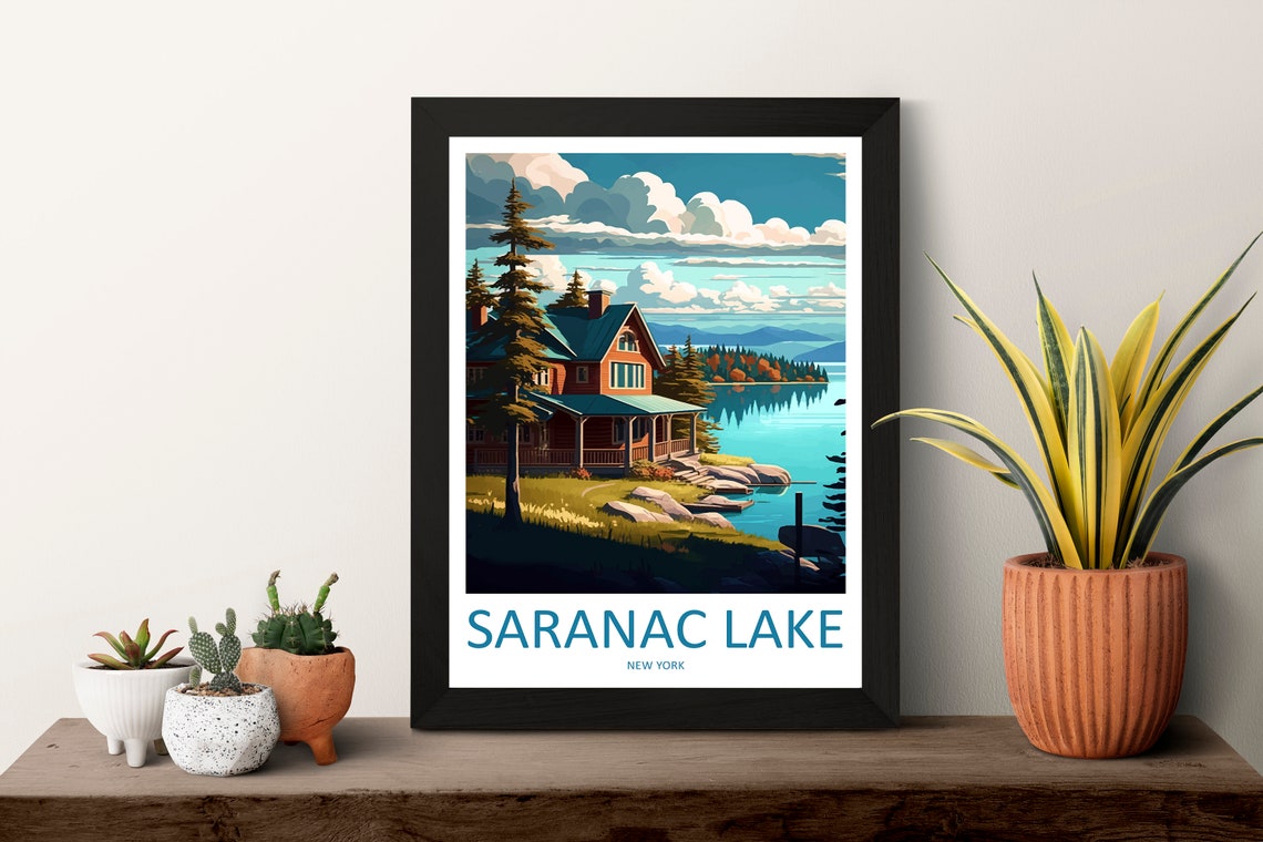 Saranac Lake New York Lakeside Cabin Under Pine Trees Poster - Image 3
