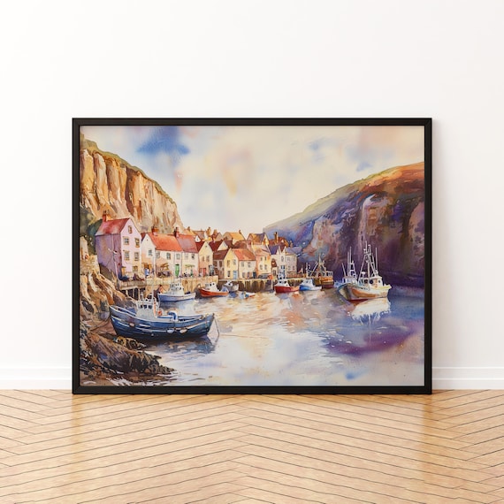 Fishing Boats in a Cliffside Harbor Village at Sunset Watercolor Poster