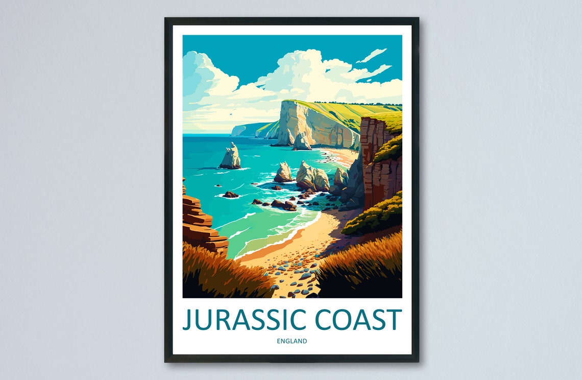 Jurassic Coast England Limestone Cliffs Beach Cove Travel Poster