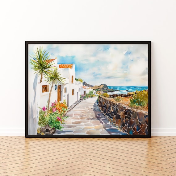 Mediterranean Village Street Whitewashed Seaside Watercolor Print