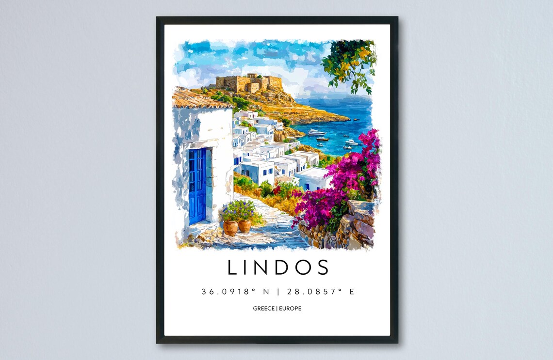 Lindos Greece Watercolor White Village Acropolis Coast Art Travel Print