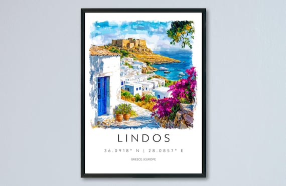 Lindos Greece Watercolor White Village Acropolis Coast Art Travel Print