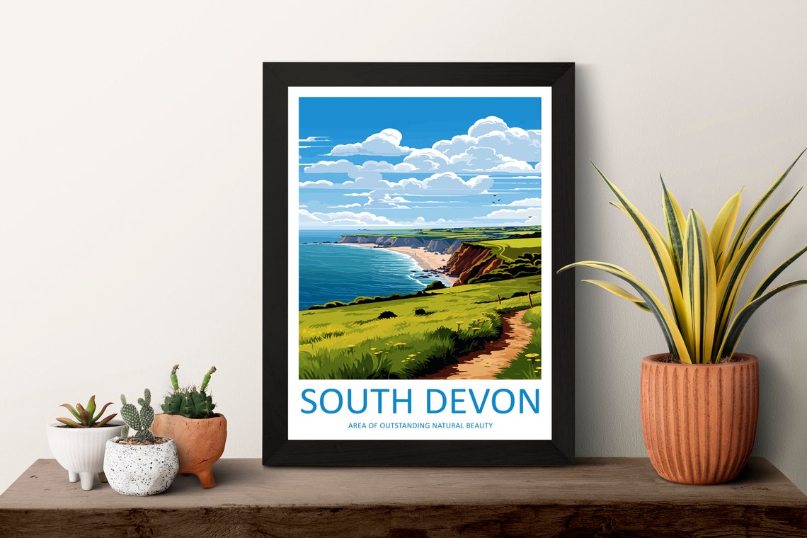South Devon Coast Path Green Cliffs Illustrated Travel Art Poster - Image 3