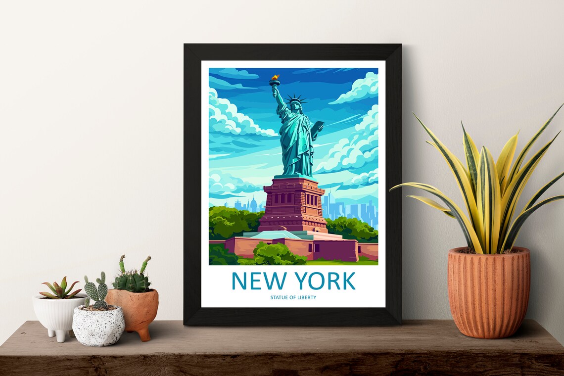 New York Statue of Liberty Harbor Skyline Landmark Travel Poster - Image 3