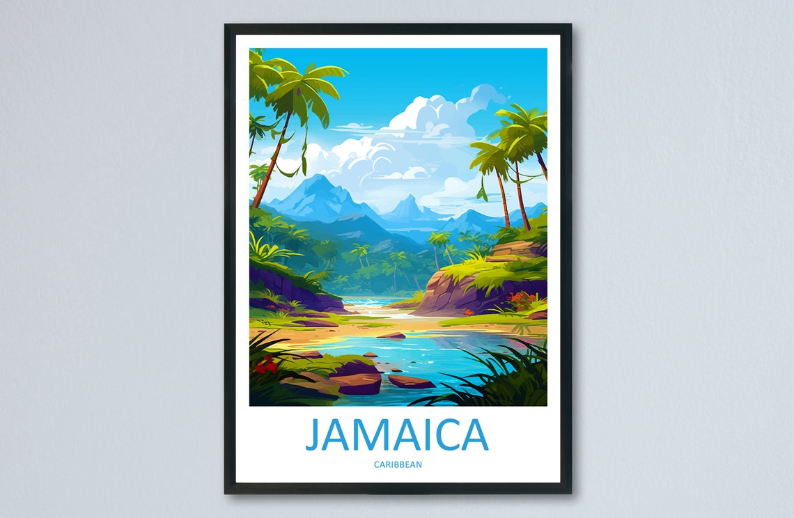 Jamaica Caribbean Tropical River Palm Trees Island Travel Poster