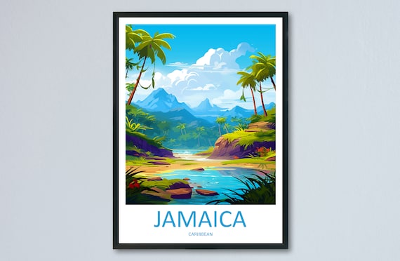 Jamaica Caribbean Tropical River Palm Trees Island Travel Poster