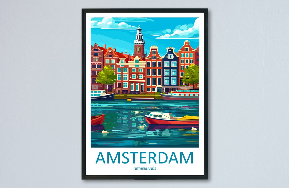 Amsterdam Netherlands Wide Canal Swans Tour Boats Travel Poster
