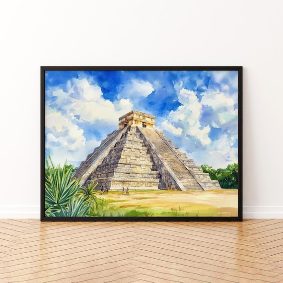 Chichen Itza Mayan Pyramid Mexico Watercolor Travel Landmark Poster