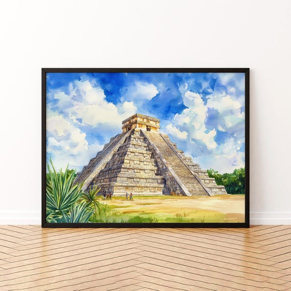 Chichn Itz Mexico Watercolor Poster Travel Print Mayan Pyramid Painting Wall Art Yucatn Souvenir