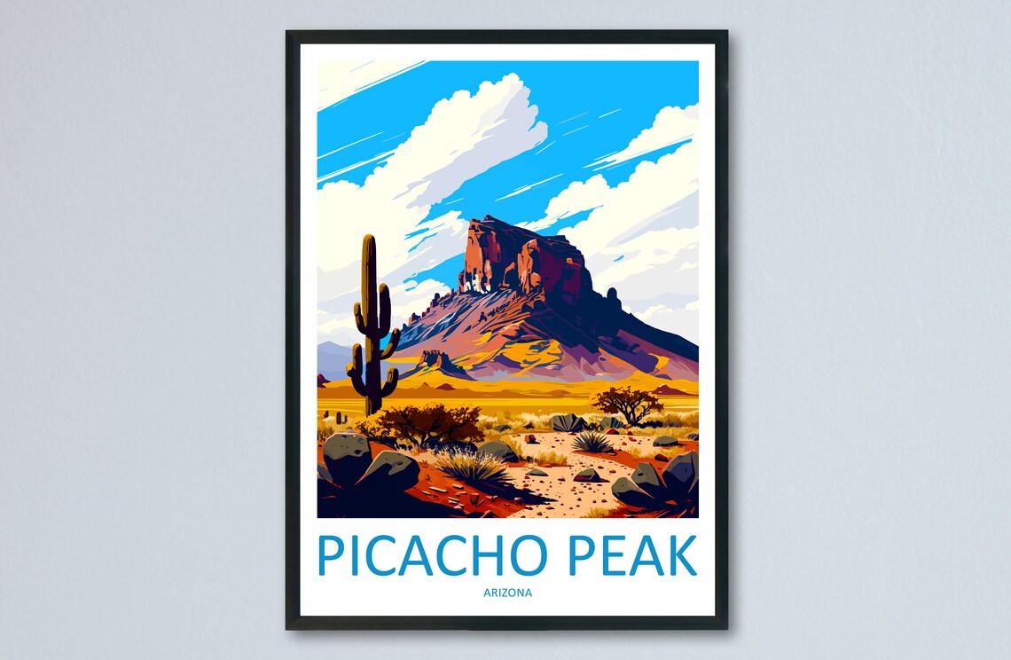Picacho Peak Saguaro Cactus Arizona Desert Sunset Travel Poster