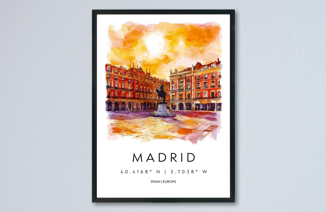 Madrid Spain Plaza Mayor Sunset Watercolor Travel Landmark Poster