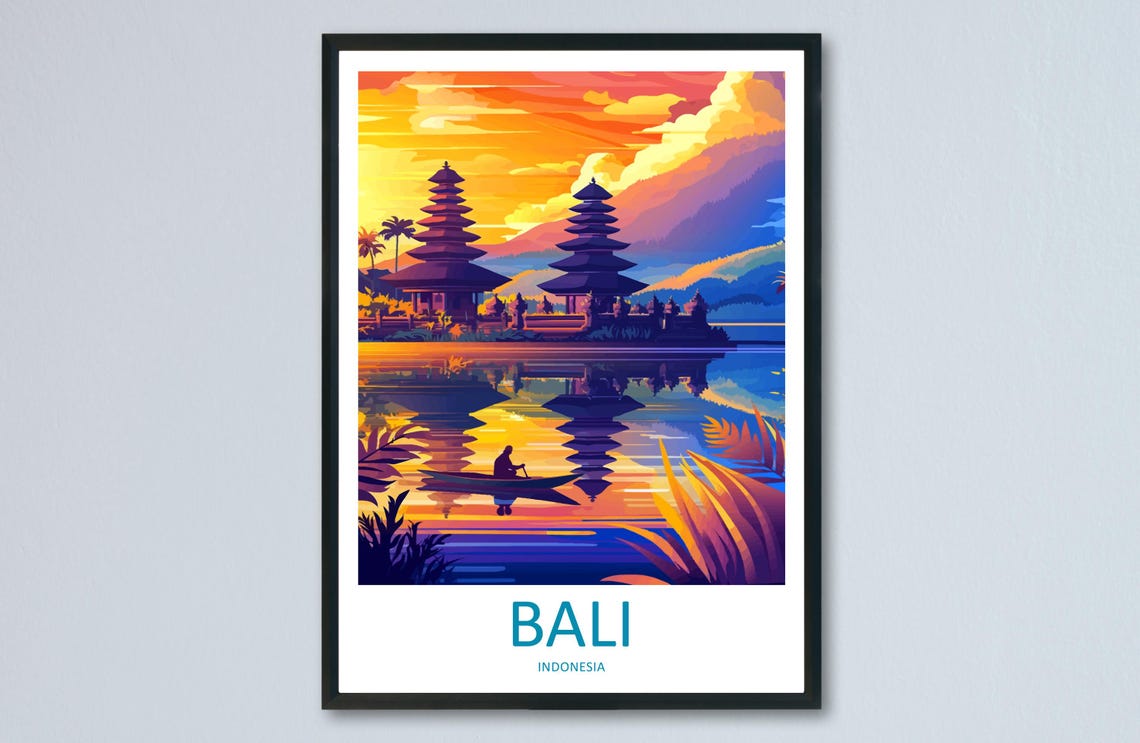 Bali Temple Lake Sunset Canoe Silhouette Indonesian Island Poster
