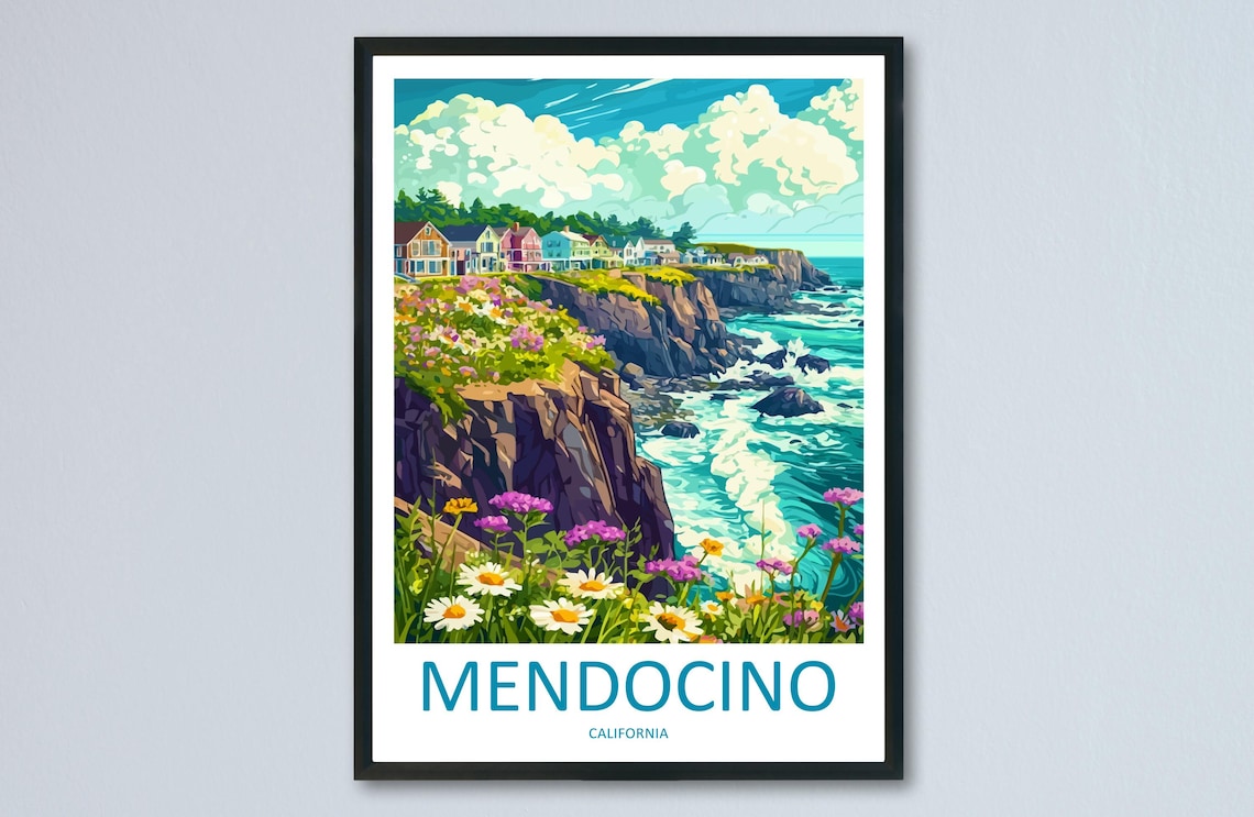 Mendocino Travel Poster, Coastal Village Print