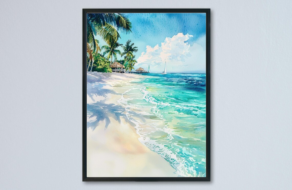 Maldives Tropical Beach Palm Huts Sailboat Watercolor Island Poster