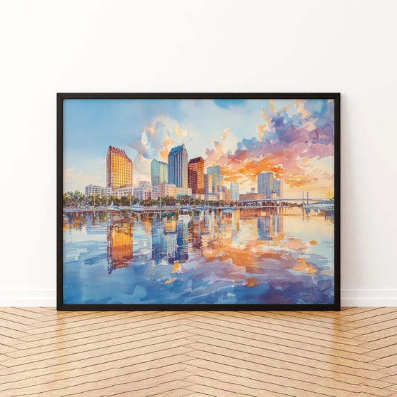 Tampa Florida Watercolor Poster Travel Print Gulf Coast City Painting Skyline Wall Art Usa Souvenir
