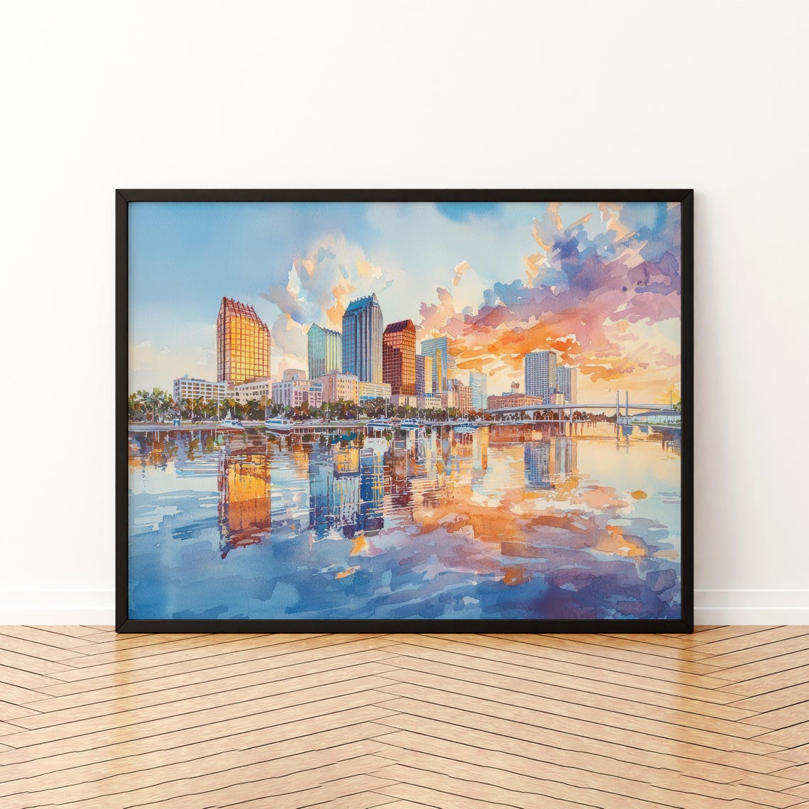 Tampa Florida Watercolor Poster Travel Print Gulf Coast City Painting Skyline Wall Art Usa Souvenir