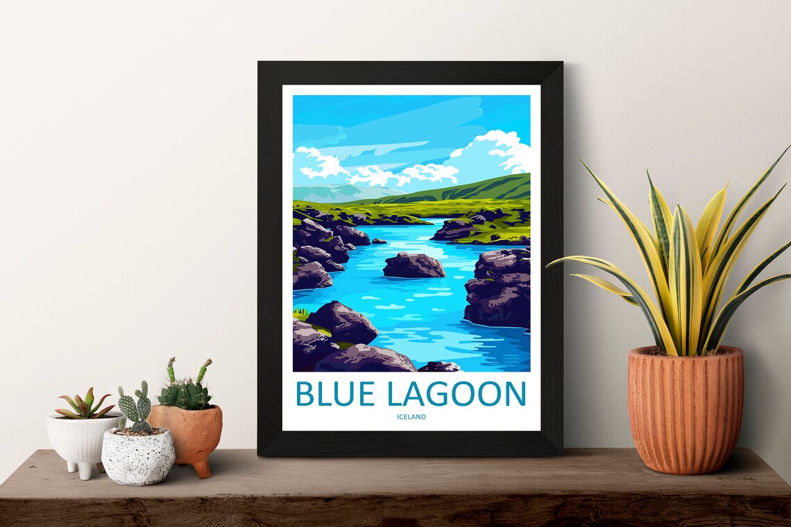 Blue Lagoon Iceland Vivid Turquoise Water Dark Lava Rocks Poster - Image 3