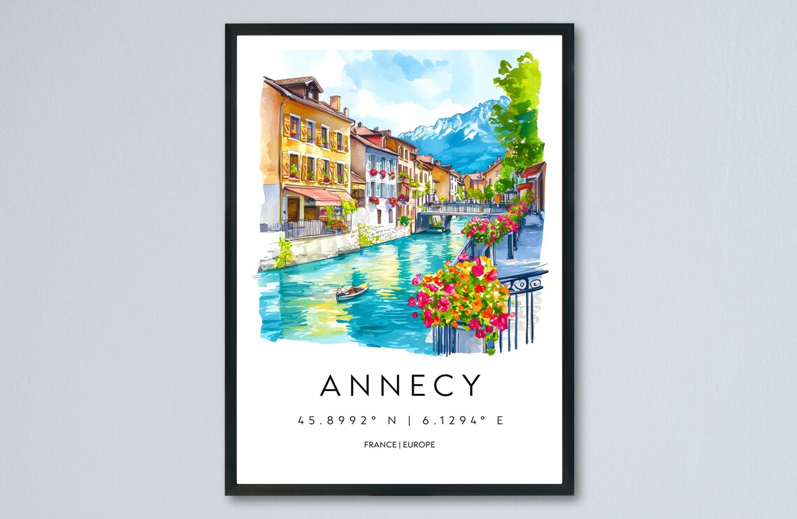 Annecy Watercolor Poster Travel Print Wall Art Landscape Painting Souvenir France Decor