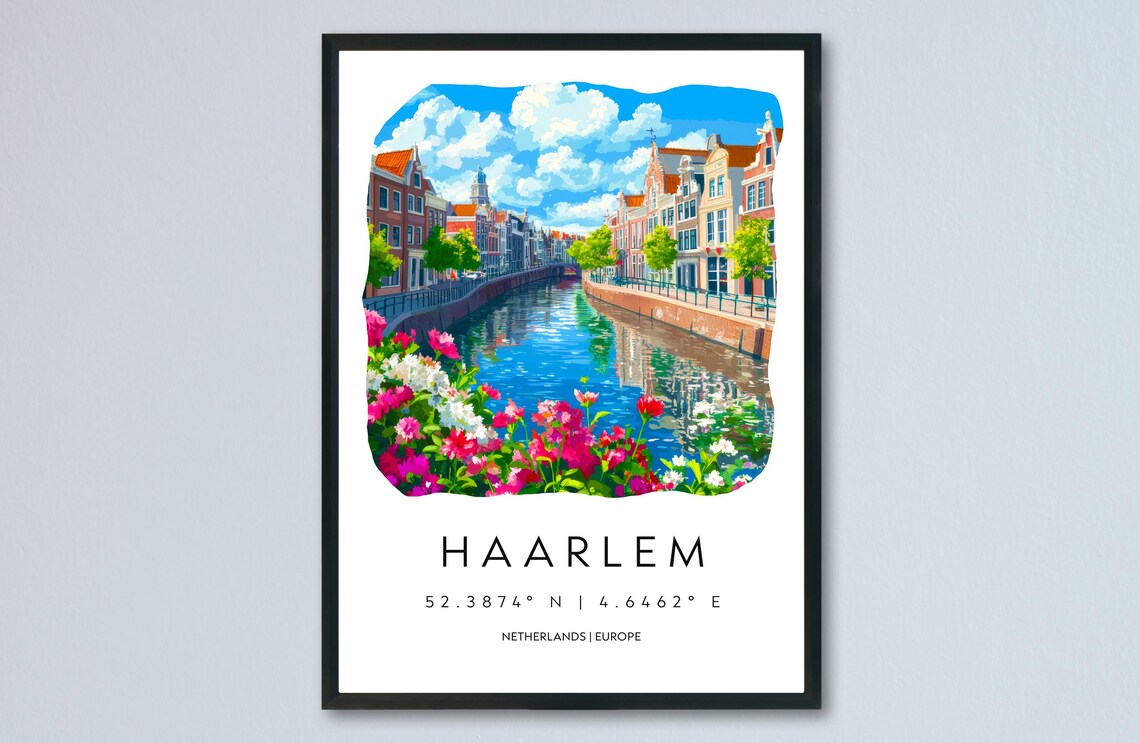 Haarlem Netherlands Flower Lined Canal Gabled Houses Watercolor Poster
