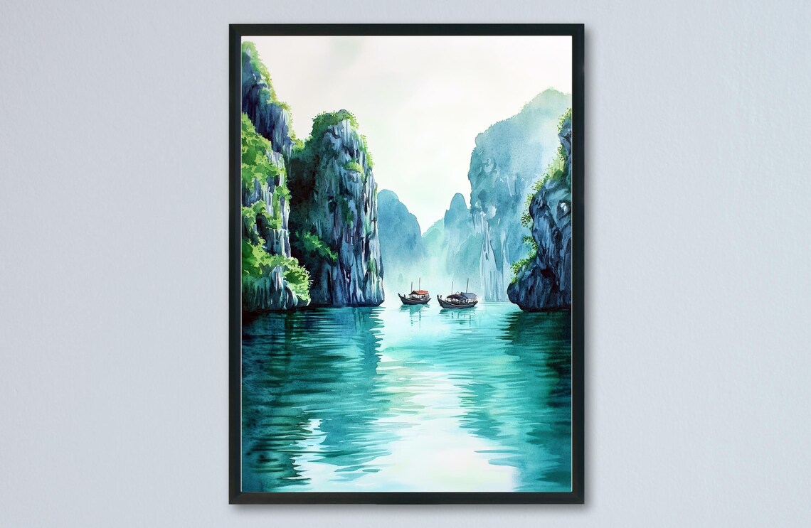 Ha Long Bay Vietnam Limestone Karst Boats Watercolor Art Poster