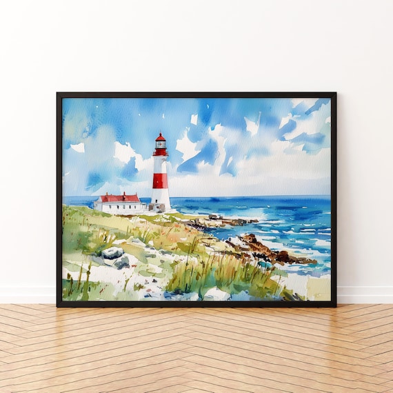 Portland England Red and White Lighthouse Watercolor Dorset Coast Poster