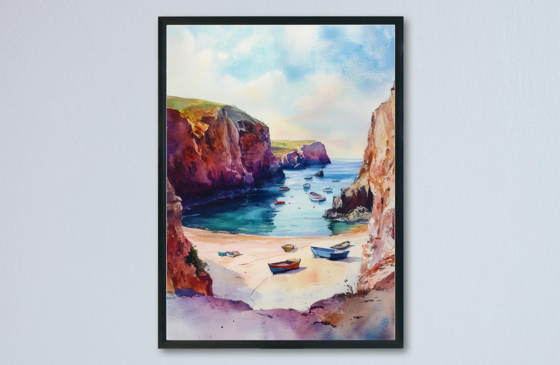 Portreath Cove Boats Sandy Beach Rocky Cliffs Cornwall Coast Poster