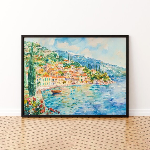Ithaca Greek Island Coastal Town Cypress Watercolor Art Poster