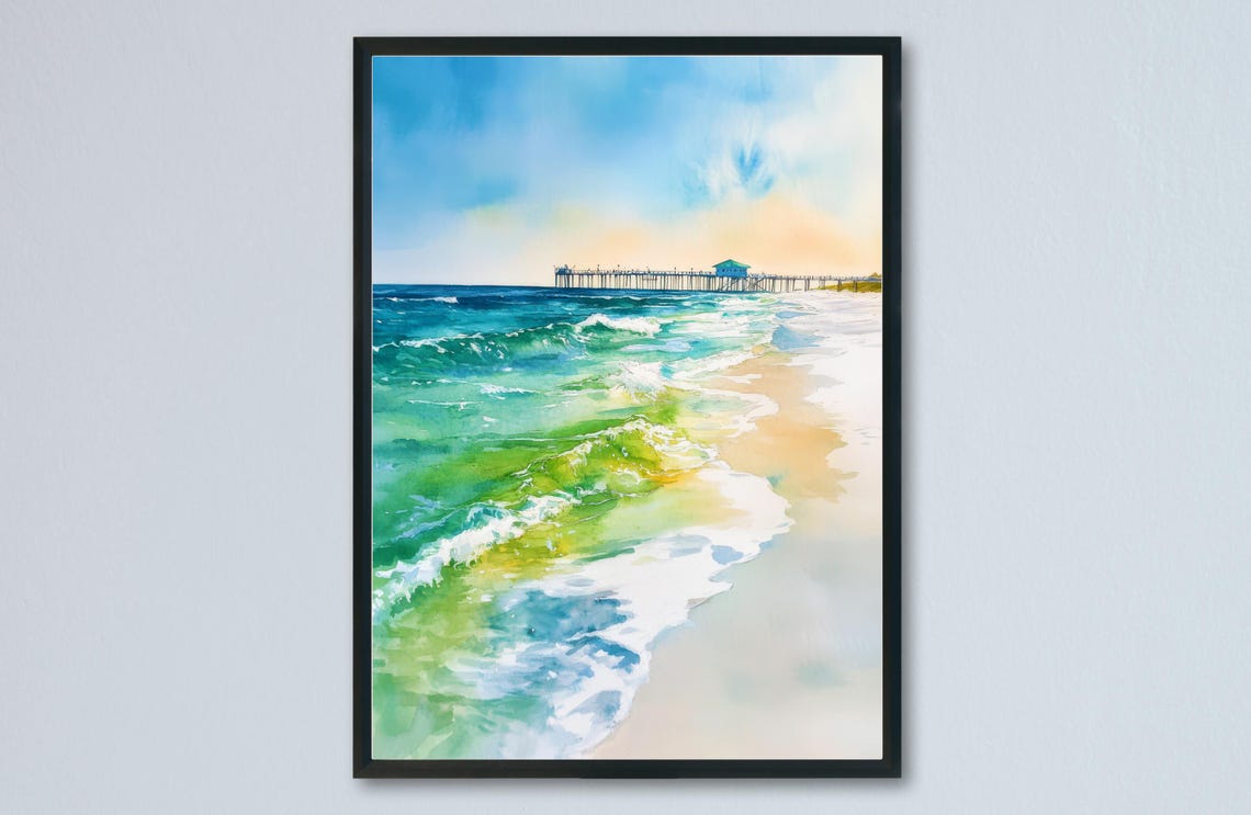 Turquoise Ocean Surf Waves Sandy Shore Pier Watercolor Poster