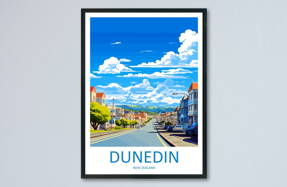 Dunedin New Zealand Heritage City Street Blue Sky Travel Poster
