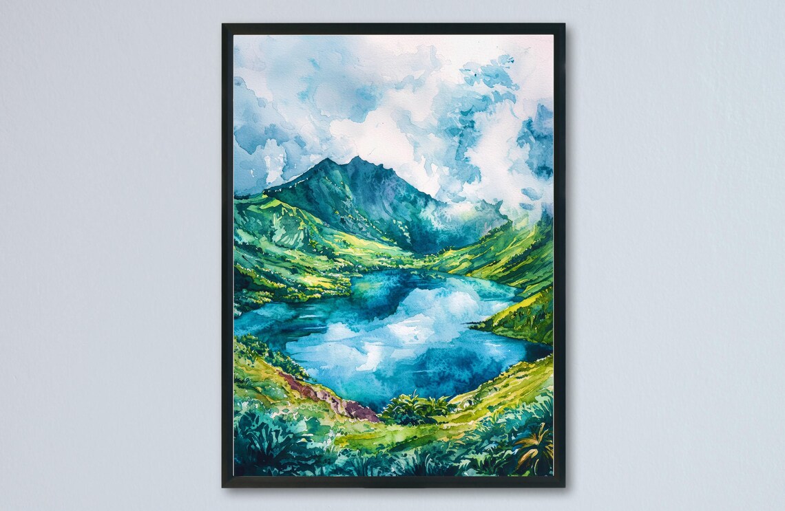 Azores Volcanic Crater Lake Dramatic Clouds Watercolor Travel Poster